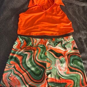 SHEIN Orange and Green Swirl Bike Shorts Set